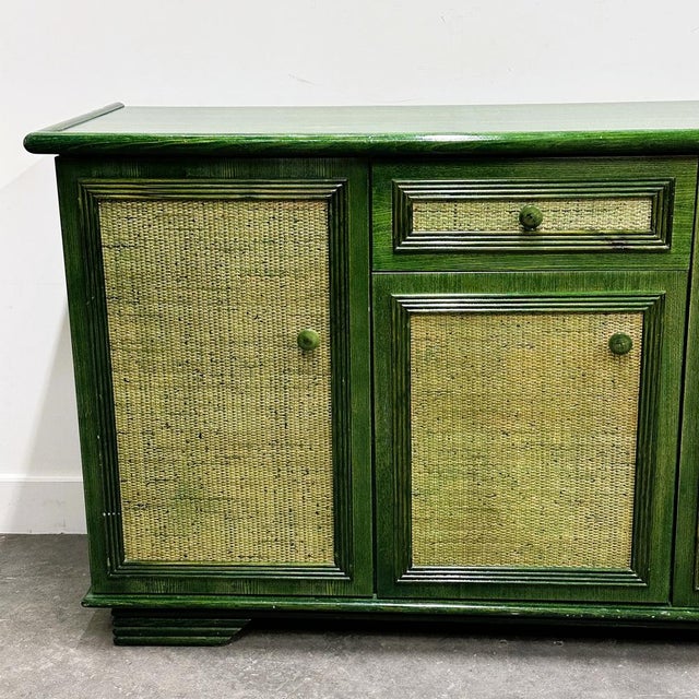 Vintage Green Lacquered Sideboard with Woven Cane Panels, Italy, 1980s For Sale - Image 4 of 15