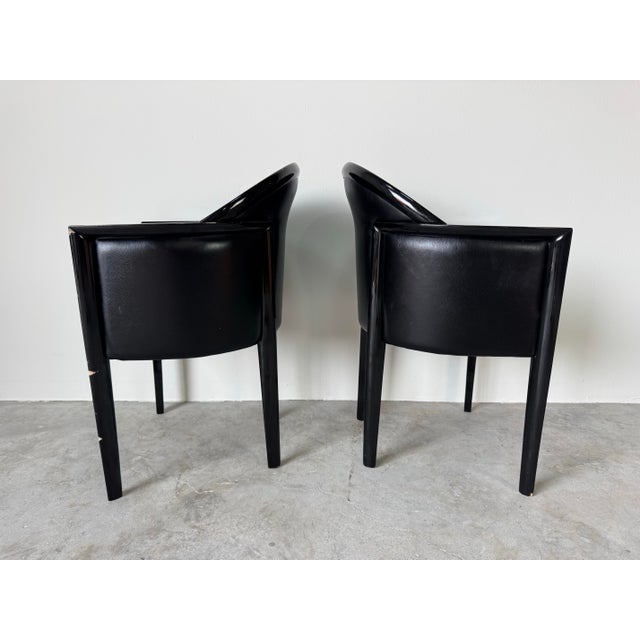 Art Deco 1980’s Italian Art Deco Postmodern Black Lacquer & Leather Club Chairs – Pair/ Sold For Sale - Image 3 of 12