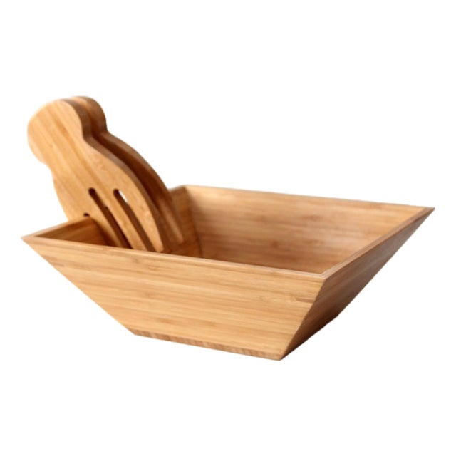 Vintage Bamboo Salad Serving Bowl With Hand Shaped Serving Utensils For Sale