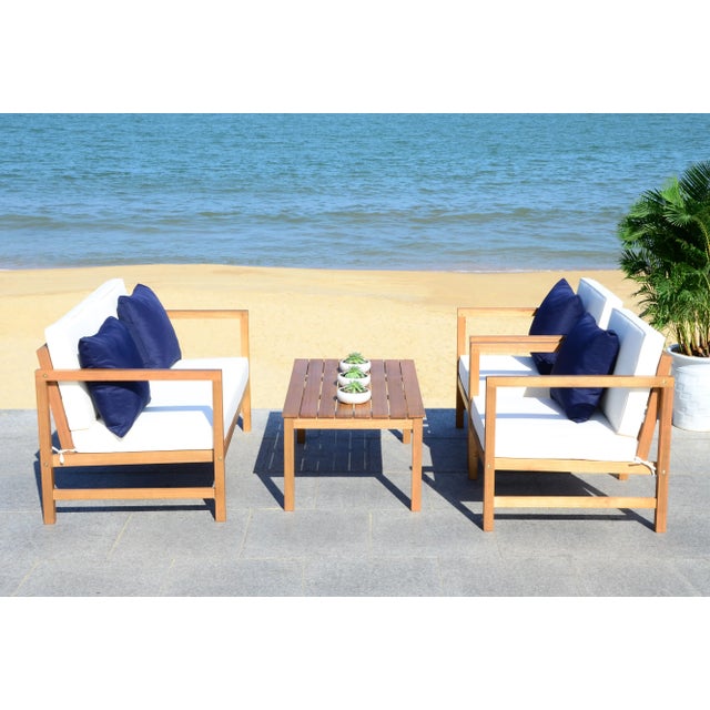 Outdoor Table and Chair Set With Accent Pillows in Natural & White & Navy - 4 Pieces For Sale - Image 9 of 10