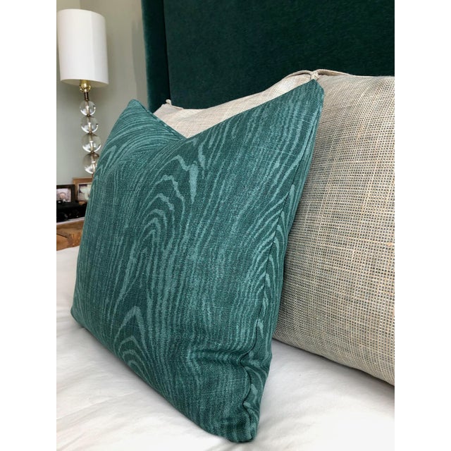 Wood print linen fabric pillow. Pillow includes "angel hair" fill, faux down and zipper. Kravet fabric: Hallerbos/Malachite.