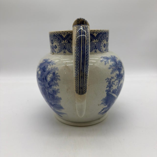 Farmhouse Antique English Blue Transferware Pitcher, Romantic Landscape With Castle For Sale - Image 3 of 13