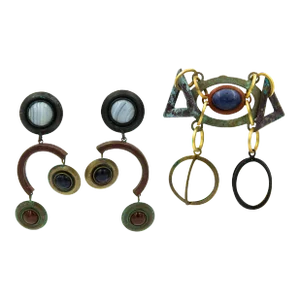 Dannah Modernist Industrialist Mixed Metal Long Drop Earrings and Brooch 1980s - 3 Pieces