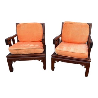 Pair of Vintage Chinoiserie Ming Style Teak Armchairs With Cushions. Made in Taiwan 1970s By Ricardo Lynn For Sale