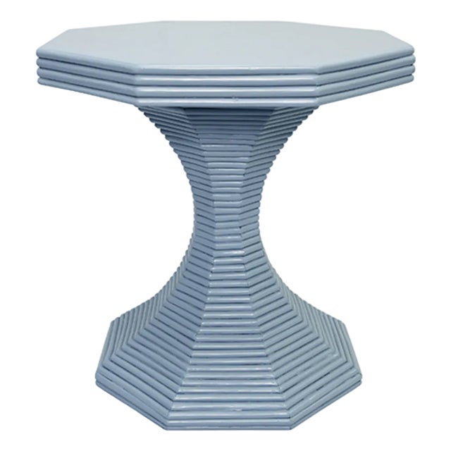 Matthew Izzo Home - Octaviao Light Blue Rattan Reeded Octagonal Side Table For Sale