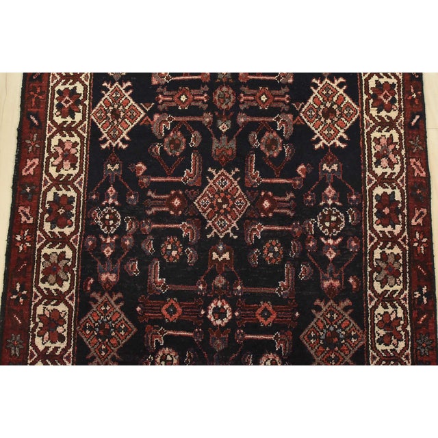 1970s Hamedan Runner 3’6” X 8’10” Blue Wool Semi-Antique Tribal Hand-Knotted Rug For Sale - Image 5 of 14