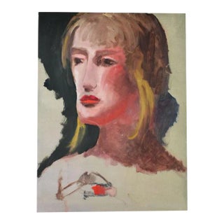 Original Tall Portrait Painting of a Blonde Woman on Green 1990’s - 10" X 17.5" For Sale