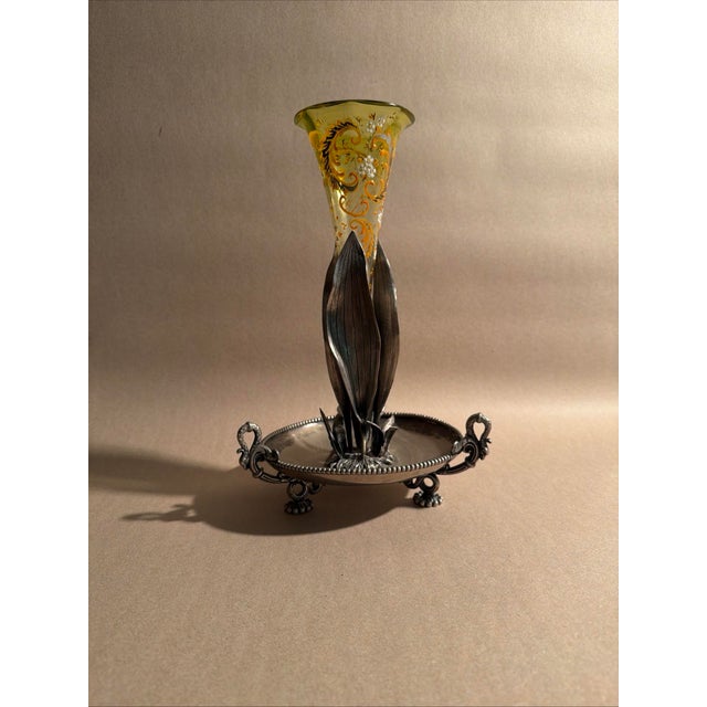 Victorian 1890s Very Fine Victorian Silverplate and Glass Vase Fauna and Trumpet Antique For Sale - Image 3 of 7