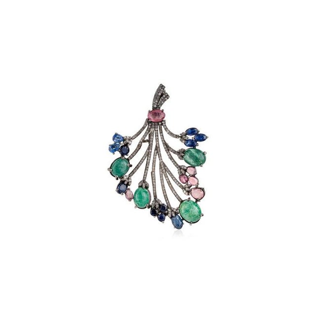 Opulent Floral Bouquet Brooch Pendant With Emerald, Sapphire & Tourmaline For Sale - Image 6 of 14