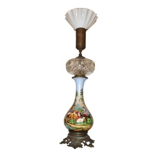 Large Antique Hand Painted Porcelain Bronze Crystal Electrified Oil Table Lamp For Sale