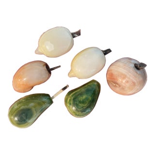 1930s Chalcedony Style Hardstone Decorative Various Stemmed Fruits- Set of 6 For Sale