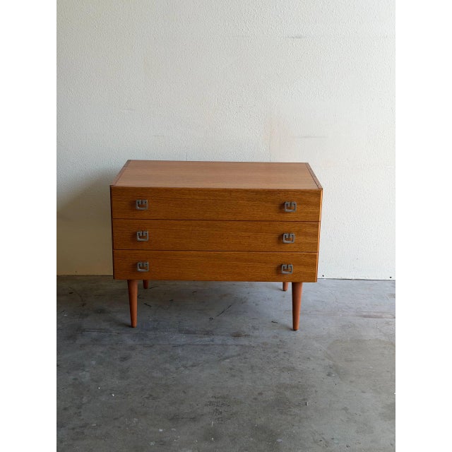 Brown Mid Century Danish Modern Teak Chest of Drawers – 3 Drawer Vintage Scandinavian Dresser 1960s For Sale - Image 8 of 9