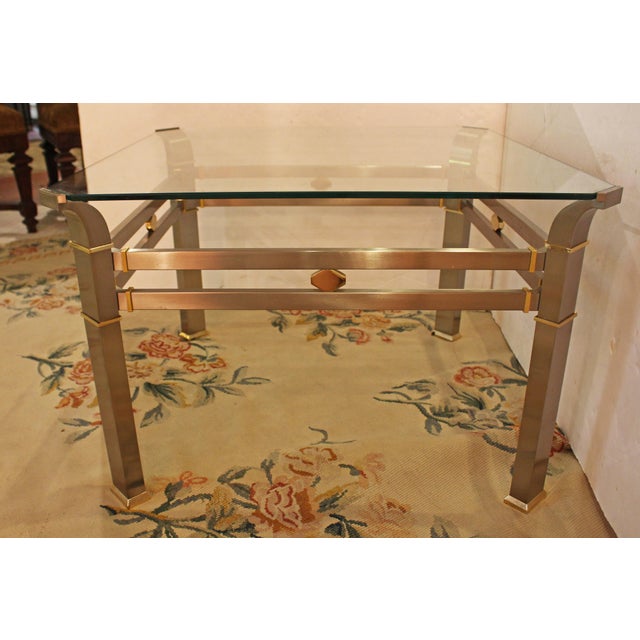 Mid Century Modern Pair of Steel, Brass & Glass Tables For Sale - Image 4 of 4
