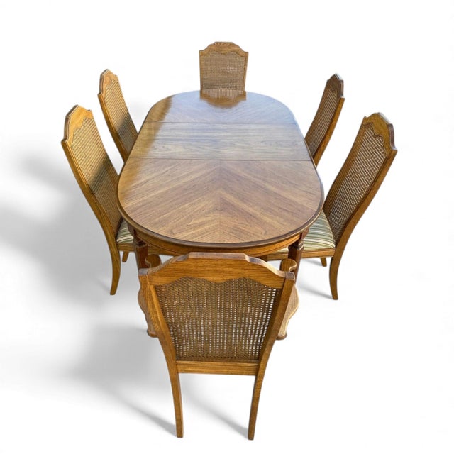 Wood Late 20th Century Oak and Cane Dining Set With Oval Extending Table and Six Chairs For Sale - Image 7 of 13