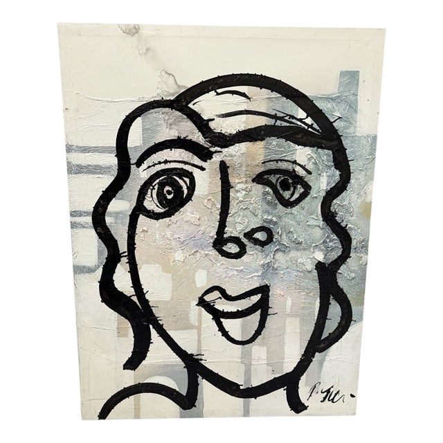 Late 20th Century Peter Keil “Portrait Face” Original Mixed Media on Canvas, 30" X 40" For Sale