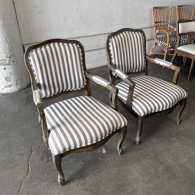 French French Louis XV Style Striped Fauteuil Armchairs, Pair For Sale - Image 3 of 12