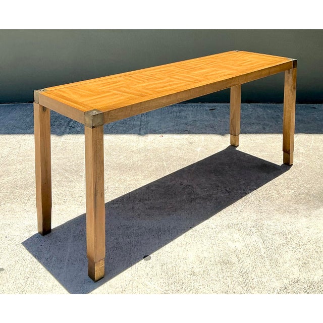 Mid-Century Modern Vintage Brass Detail Campaign Console Table For Sale - Image 3 of 12