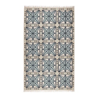 Part & Parcel Goods Wool Star Rug, 12' x 15', Celadon, Navy, Sky Blue and Eggshell For Sale