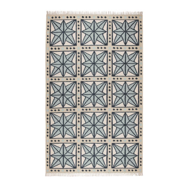 Part & Parcel Goods Wool Star Rug, 12' x 15', Celadon, Navy, Sky Blue and Eggshell For Sale