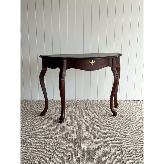 Vintage Mahogany Entry Console Table With Shaped Front and Brass Pull For Sale - Image 12 of 12