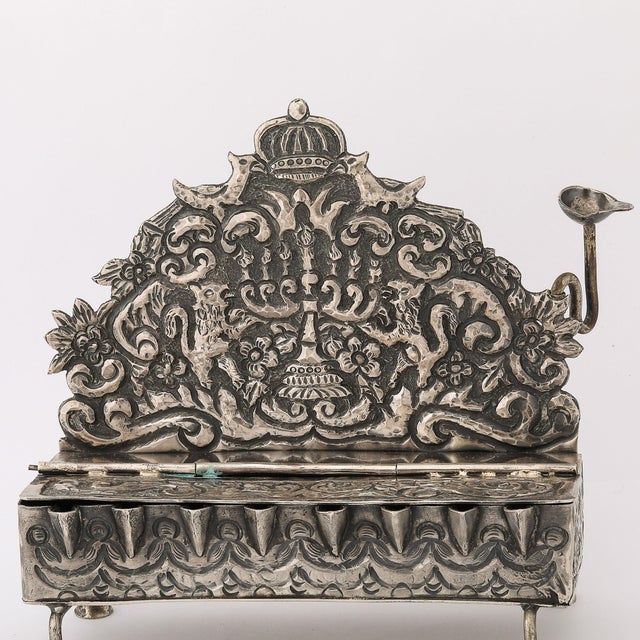 Baroque Baroque 19th Century Hand-Worked Repoussé Sterling Oil Lamp Footed Menorah For Sale - Image 3 of 18