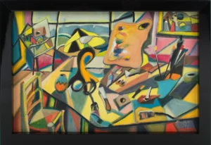 The Painter's Studio, Colorful Post-Cubist Oil Painting by A. Rigollot