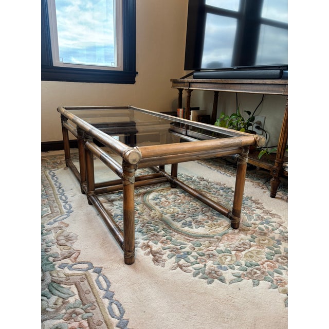 Contemporary Vintage McGuire Rattan Coffee Table Glass Top For Sale - Image 3 of 7