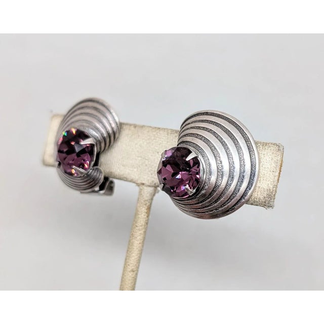 Mid-Century Modern Vintage 1950s Signed Napier Modernist Silvertone Faux-Amethyst Clip Earrings-2 Pieces For Sale - Image 3 of 7