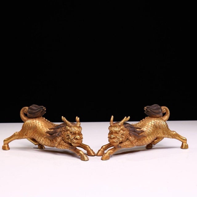Copper Solid Copper Gilt Pair of Golden Qilin Statues (Running Posture) - Auspicious Wealth-Drawing Bronze Qilin Figurines For Sale - Image 8 of 9