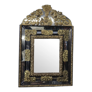 Rare French Brass Repousse Three-Dimensional Cushion Mirror Circa 1920