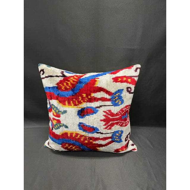 2010s Turkish Modern Red Multicolor Velvet Silk Ikat Pillow Cover For Sale - Image 5 of 5