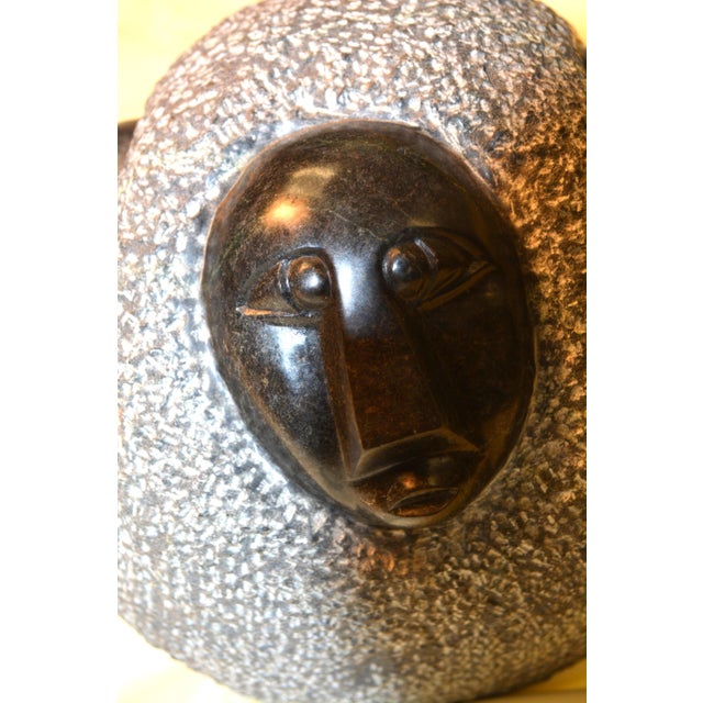 Vintage African Black & Gray Shona Stone Round Woman / Heads Sculpture Statue For Sale - Image 6 of 9