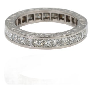 Platinum 950 All Around Natural Diamond Princess Cut Engraving Band Ring, Size 6 For Sale