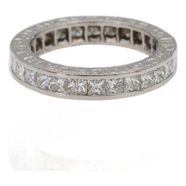 Platinum 950 All Around Natural Diamond Princess Cut Engraving Band Ring, Size 6 For Sale