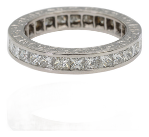 Platinum 950 All Around Natural Diamond Princess Cut Engraving Band Ring, Size 6