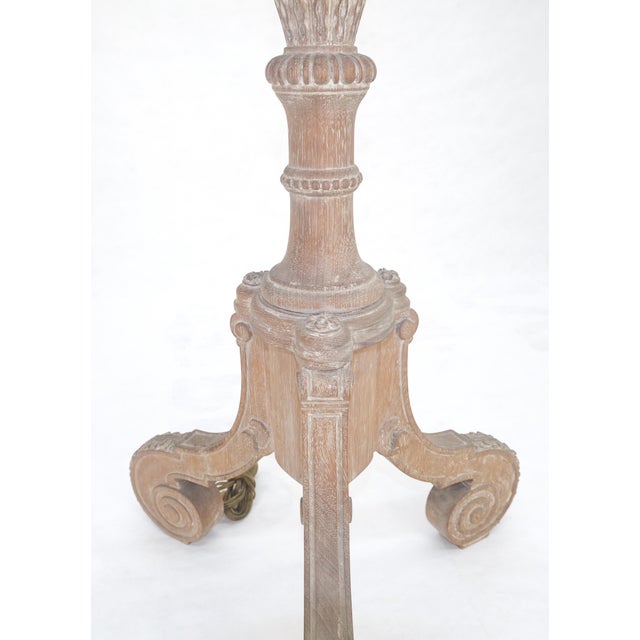 Arts & Crafts Antique c1920s Very Fine Carved Cerused Oak Tripod Base Floor Lamp MINT For Sale - Image 3 of 11