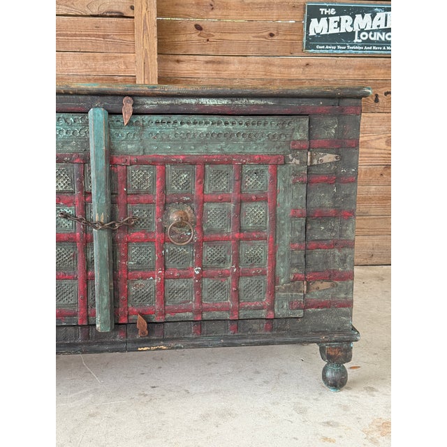 English Early 20th Century-Anglo-Indian Painted Wood Cabinet With Iron Accents and Original Patina For Sale - Image 3 of 12