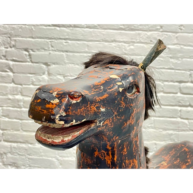 1900 - 1909 Antique European Hand Carved Wooden Horse Folk Art Sculpture on Wheeled Base For Sale - Image 5 of 13
