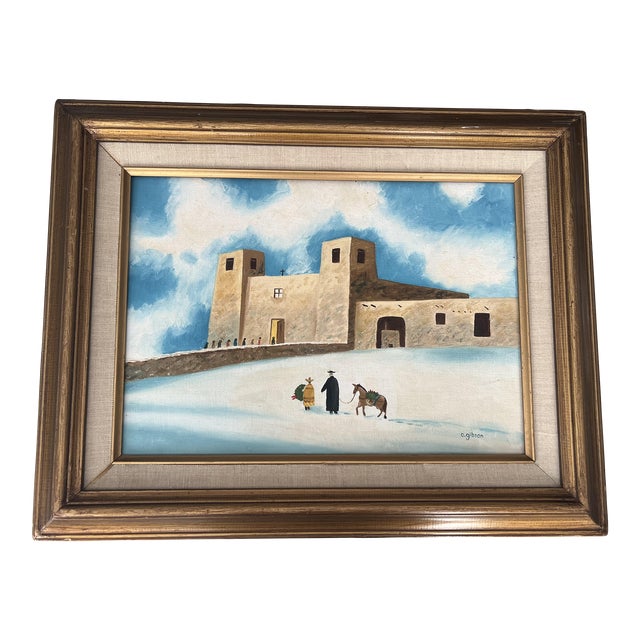 Mid 20th Century Original Pueblo Scene Christmas Oil Painting Signed, Framed For Sale
