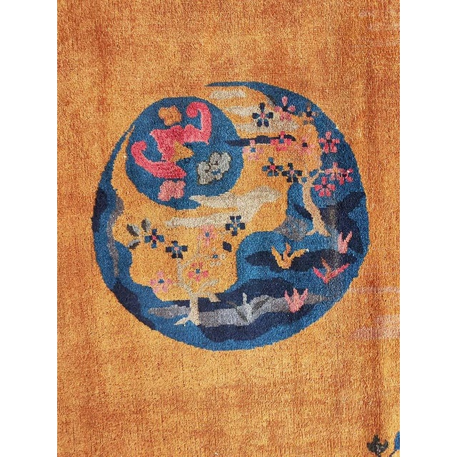 Tangerine 1920s Orange Medallion Scene Antique Chinese Art Deco Carpet 6' X 8'6 Knotted Wool Rug For Sale - Image 8 of 9