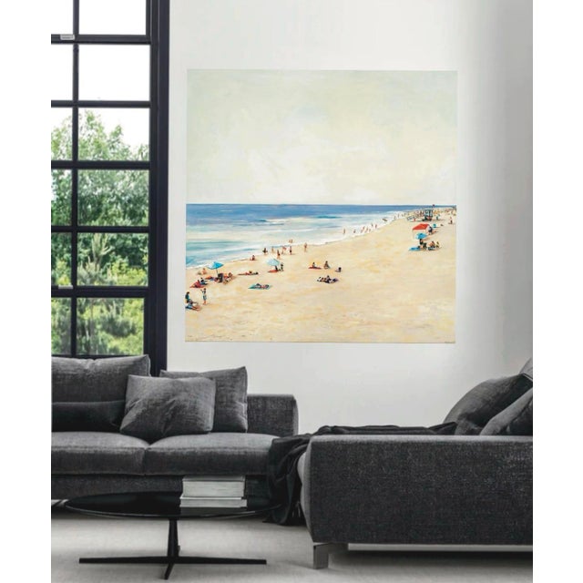 Large modern neutral color palette beach scene in a vintage style titled ‘ SUMMER BEACH DAY This Giclee print on stretched...