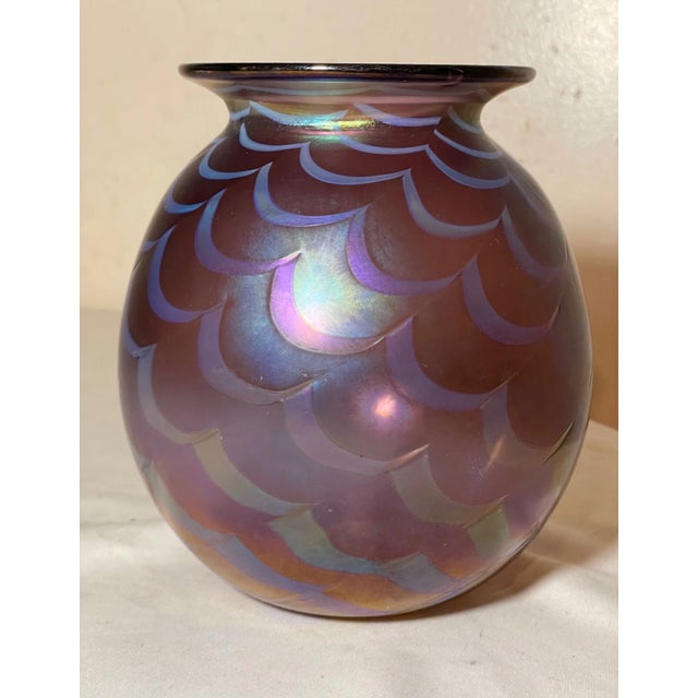 Original 1996 Hand Blown Aurene Iridescent Rick Strini Pulled Wave Glass Vase For Sale - Image 12 of 13
