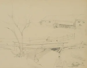 H. Christiansen, Wooden Footbridge and Mill near Gasteig, 1921, Pencil