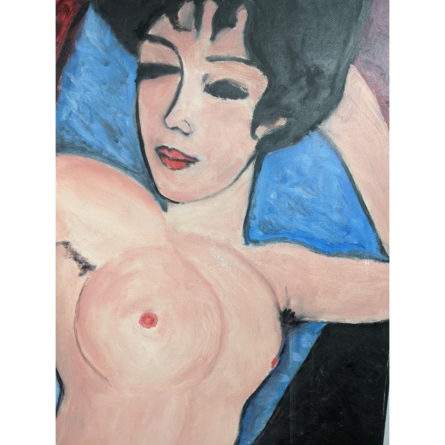 Figurative Large Modernist Reclining Female Nude Original Oil Painting on Canvas, Mid-20th Century For Sale - Image 3 of 13