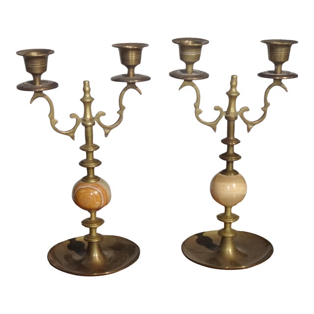 Pair of Vintage Brass and Onyx Candelabras 10" High Candle Holders For Sale