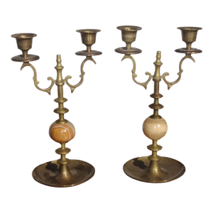 Pair of Vintage Brass and Onyx Candelabras 10" High Candle Holders