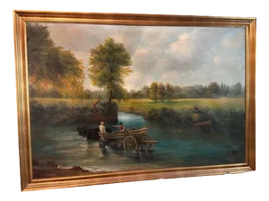 Spanish School Artist, Large Romantic Landscape with River and Cart, Oil on Canvas, Framed