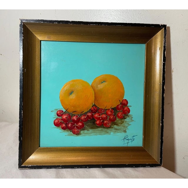 Vintage H Pauquette Fruit Orange Cherry Still Life Realism Oil Painting on Board For Sale - Image 9 of 10