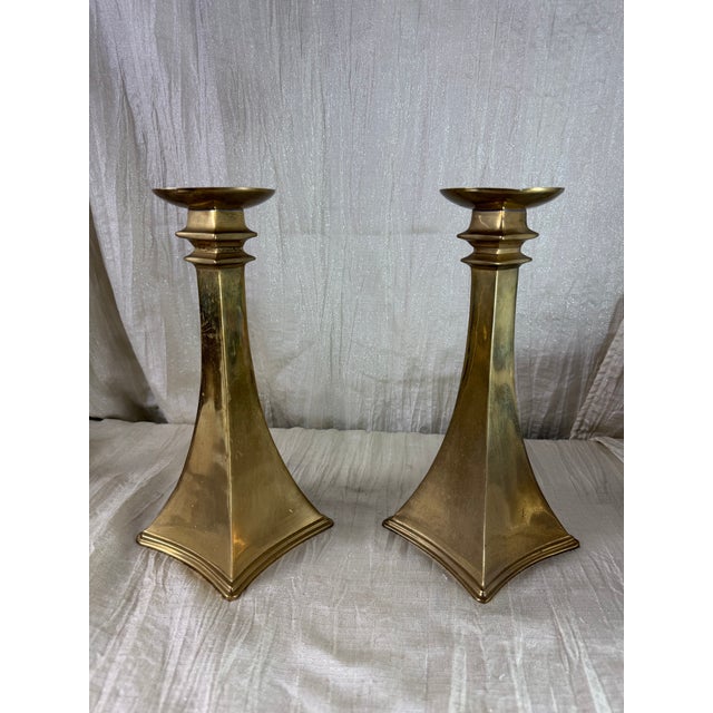 Pair of Vintage Indian Brass Geometric Candlesticks 11” For Sale - Image 4 of 9