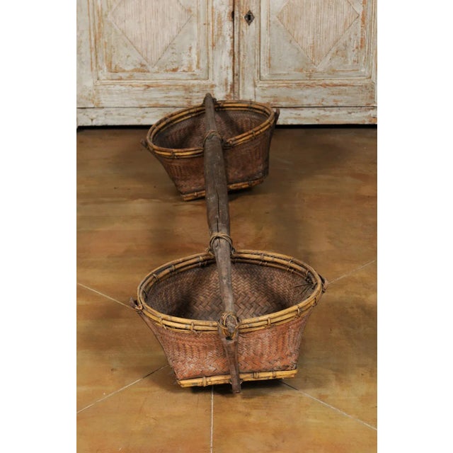 Far Eastern Early 20th Century Shoulder Yoke with Bamboo and Rattan Baskets For Sale - Image 4 of 13